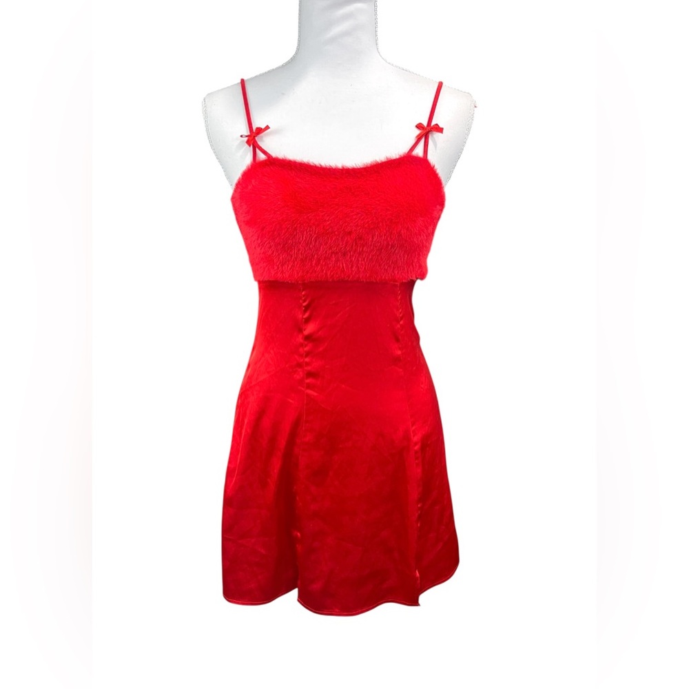 For Love And Lemons Fiona Fuzzy Red Slip Mini Dress XS Bows Sexy Romantic Flirty